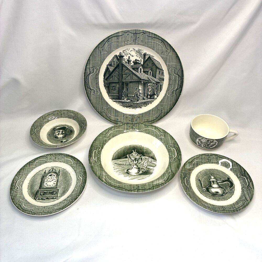 Vtg 50s The Old Curiosity Shop Dickens Green Transferware 6 pc Set Royal China